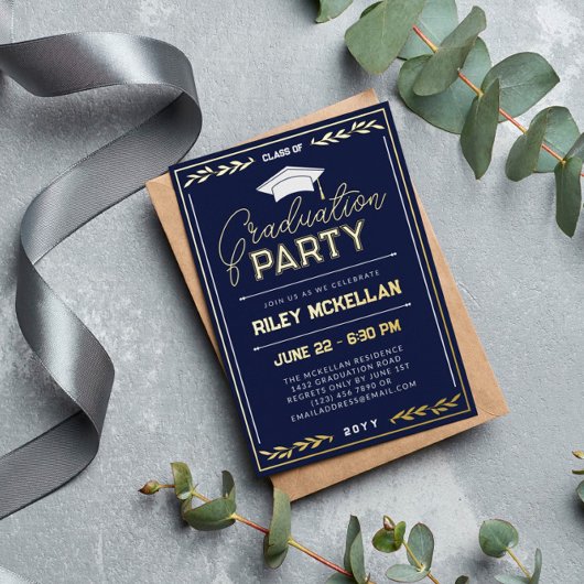 Invitation En Aluminium Varsity Typographie Marine Gold Graduation Party