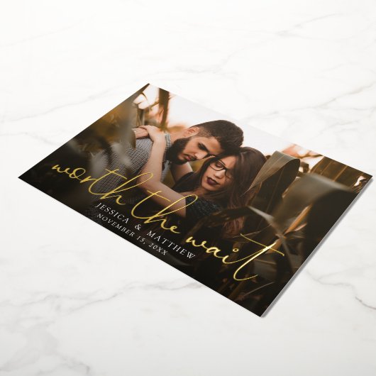 Invitation En Aluminium Vaut la peine Mariage d'attente script photo Enreg (Rotation)