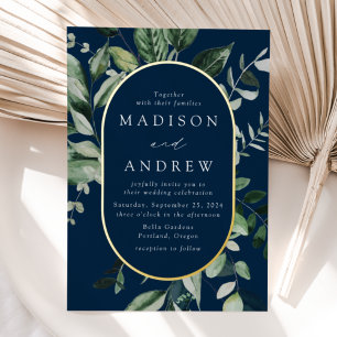 Invitation En Aluminium Végétal abondant Marine et Gold Oval Mariage