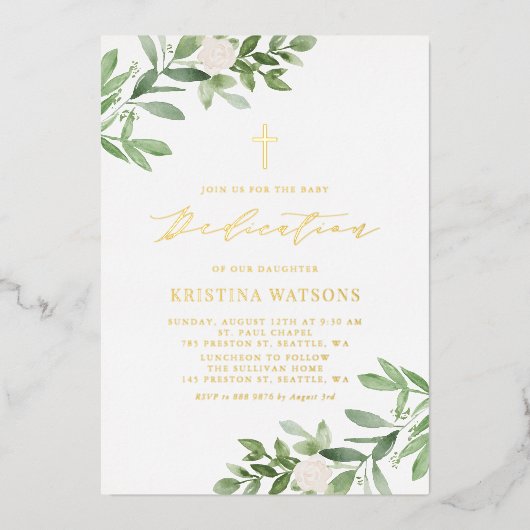 Invitation En Aluminium Végétation simple et fleurs blanches Dédication bé (Recto)