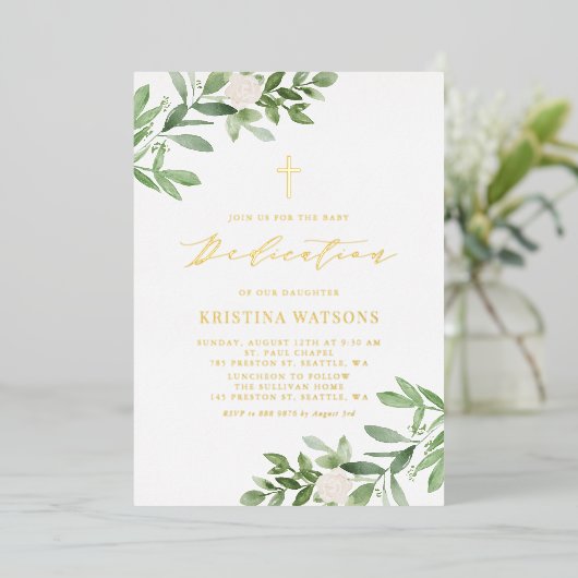 Invitation En Aluminium Végétation simple et fleurs blanches Dédication bé (Debout devant)