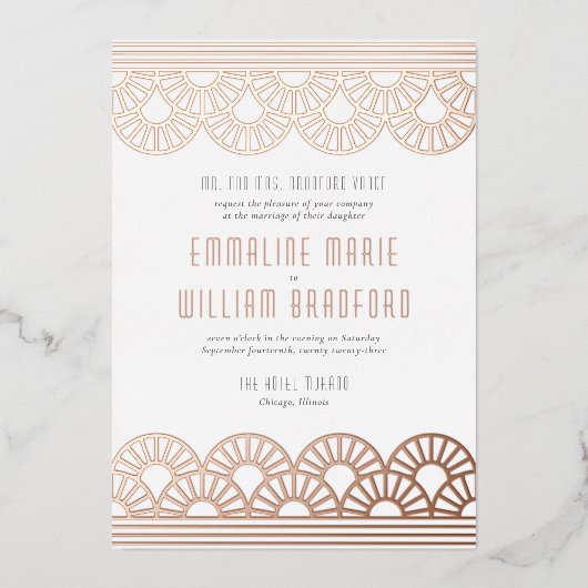 Invitation En Aluminium Ventilateur Mariage Art déco Rose blanche or (Recto)