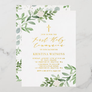 Invitation En Aluminium Verdure et fleurs blanches Première communion sain