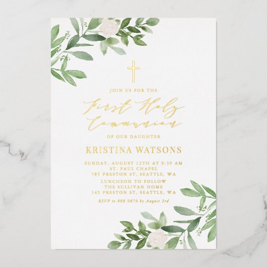 Invitation En Aluminium Verdure et fleurs blanches Première communion sain (Recto)