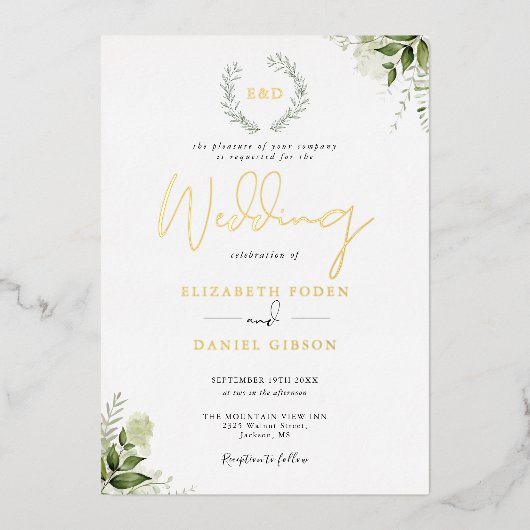 Invitation En Aluminium Verdure Garland Monogramme Mariage Or (Recto)