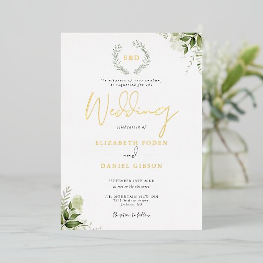 Invitation En Aluminium Verdure Garland Monogramme Mariage Or (Debout devant)