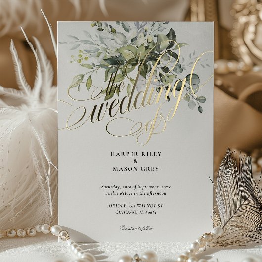 Invitation En Aluminium Verdure Gold Calligraphie Mariage Élégant Script