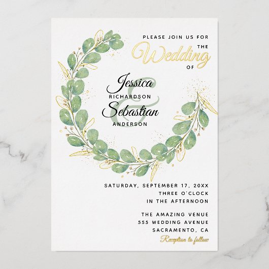 Invitation En Aluminium Verdure Mariage or blanc Eucalyptus Wreath (Recto)