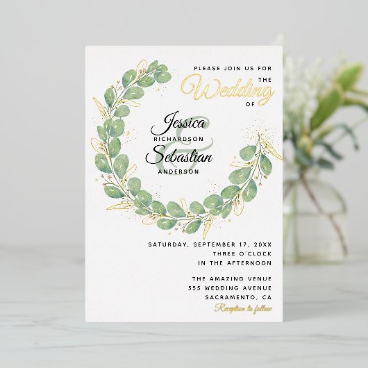 Invitation En Aluminium Verdure Mariage or blanc Eucalyptus Wreath (Debout devant)