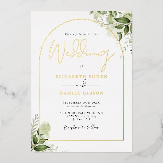 Invitation En Aluminium Verdure Monogramme Élégant Script Mariage Gold Arc (Recto)