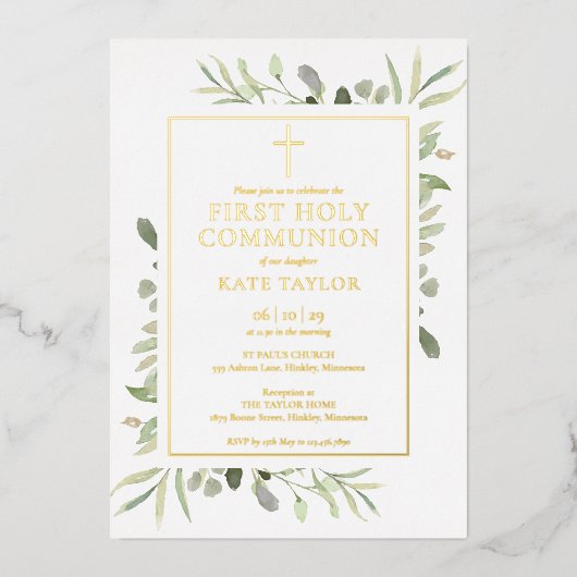 Invitation En Aluminium Verdure Première sainte Communion Or (Recto)