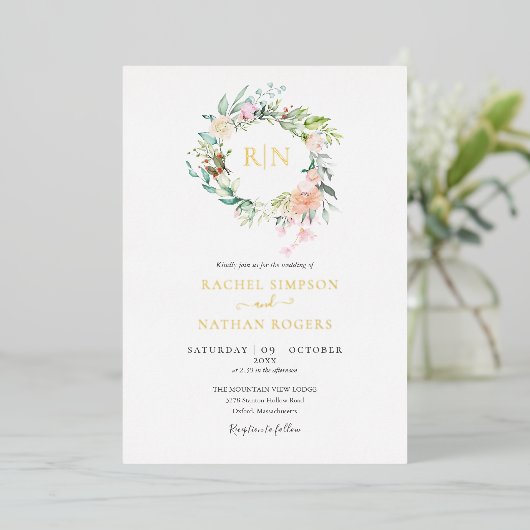 Invitation En Aluminium Verdure rose Floral Mariage Monogramme Or (Debout devant)