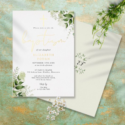Invitation En Aluminium Verdure rustique Feuilles Élégant Monogramme Baptê
