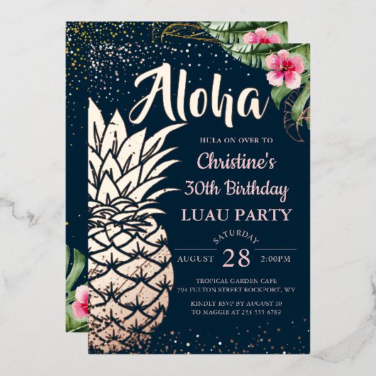 Invitation En Aluminium Véritable Aiguille tropicale Luau Floral Rose Or (Recto/Verso)