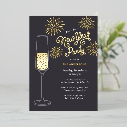 Invitation En Aluminium Véritable fête du Nouvel An avec feux d'artifice e (Debout devant)