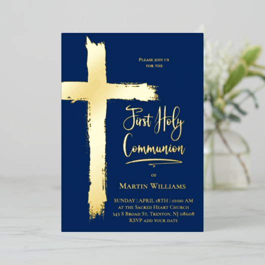 Invitation En Aluminium Véritable feuille croix Première sainte communion (Debout devant)