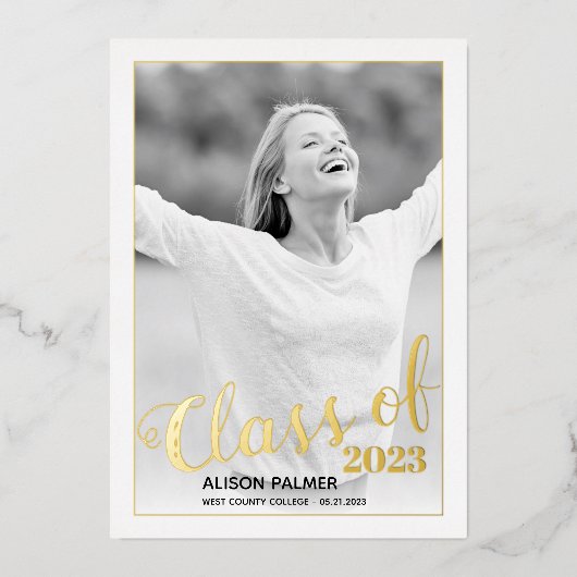 Invitation En Aluminium Véritable feuille d'or Classe de 2023 script photo (Recto)