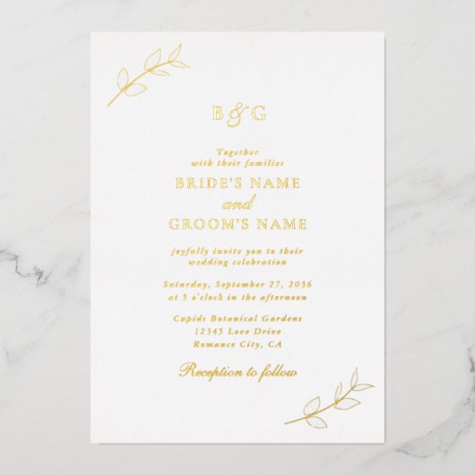 Invitation En Aluminium Véritable Feuilles d'or Élégant Mariage Monogramme (Recto)