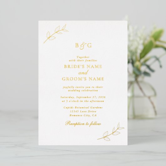 Invitation En Aluminium Véritable Feuilles d'or Élégant Mariage Monogramme (Debout devant)