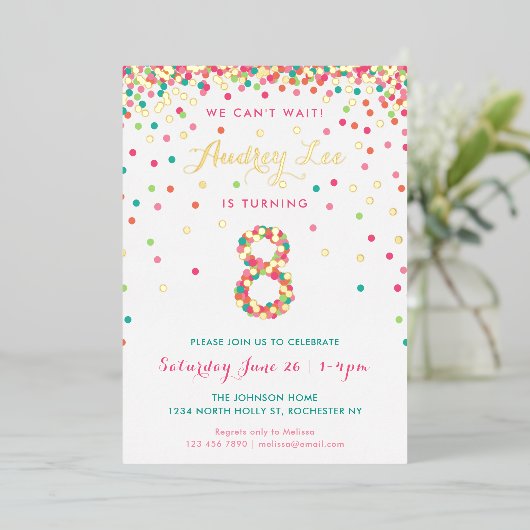 Invitation En Aluminium Véritable Foil 8e anniversaire Invitations, Confet (Debout devant)