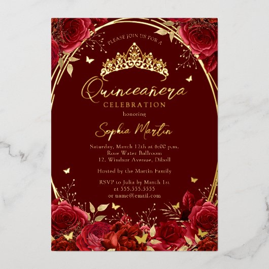 Invitation En Aluminium Véritable Foil Floral Papillon rouge Tiara Quincea (Recto)
