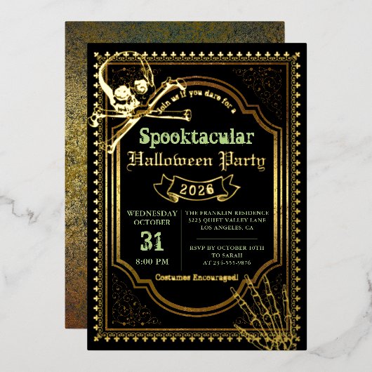 Invitation En Aluminium Véritable Foil Gothique Noir Crâne Halloween Party (Recto/Verso)