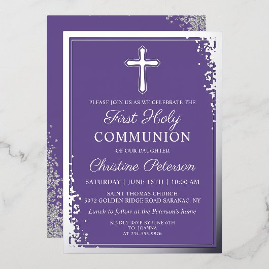 Invitation En Aluminium Véritable Foil Lavande Purple Première Communion (Recto/Verso)
