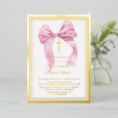 Invitation En Aluminium Véritable Foil Luxe Or Rose Bow Girl Baptême Fhuil (Debout devant)