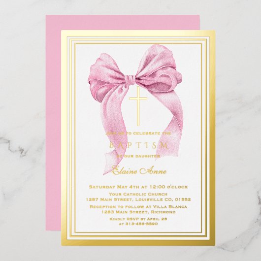 Invitation En Aluminium Véritable Foil Luxe Or Rose Bow Girl Baptême Fhuil (Recto/Verso)