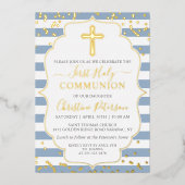 Invitation En Aluminium Véritable Foil Or Dusty Blue Stripes Première Comm (Recto)
