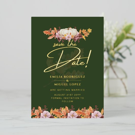 Invitation En Aluminium VÉRITABLE GOLD FOIL Automne Citrouille Enregistrer (Debout devant)
