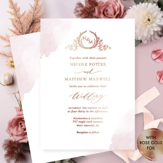 Invitation En Aluminium Véritable Gold Foil Élégant Dusty Rose Mariage Mon