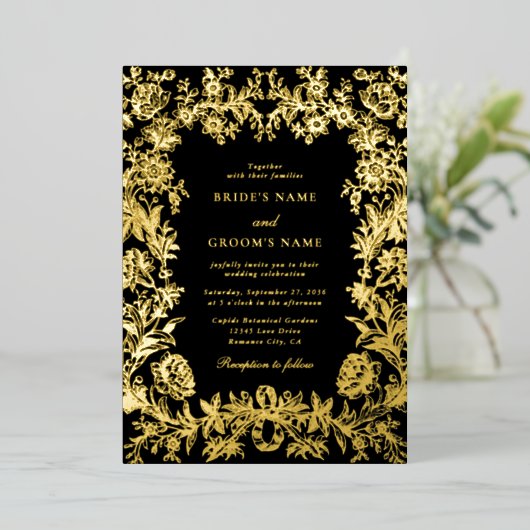 Invitation En Aluminium Véritable Gold Foil Élégant Floral Black Gold Mari (Debout devant)