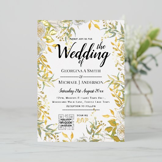 Invitation En Aluminium VÉRITABLE GOLD FOIL Green PHOTO QR Code Mariage (Debout devant)