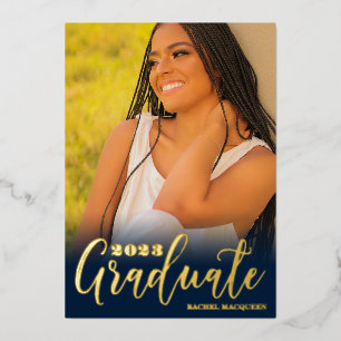 Invitation En Aluminium Véritable Gold Navy Blue Trois Photo Graduation Pa