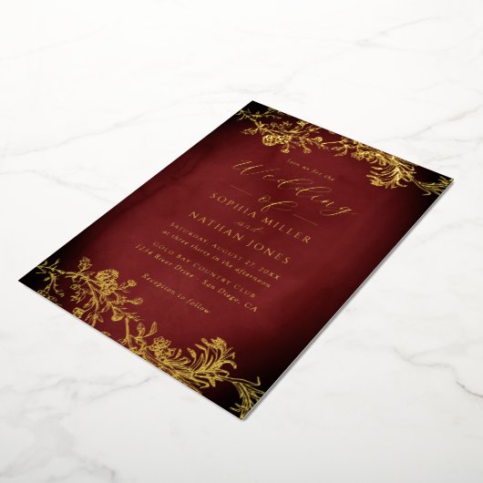 Invitation En Aluminium Véritable huile d'or floral dentelle Script Mariag (Rotation)