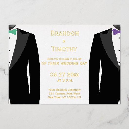 Invitation En Aluminium Véritable Mariage Gay Gold Foil Vert Et Violet Inv (Recto)