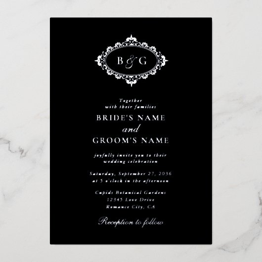 Invitation En Aluminium Véritable Mariage noir Elégant à la couronne d'hui (Recto)