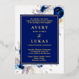 Invitation En Aluminium Véritable or Moderne Bleu Fleurs Mariage Foil