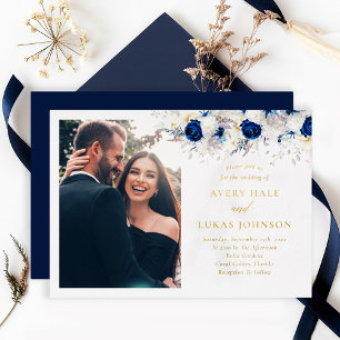 Invitation En Aluminium Véritable or Moderne Fleurs Bleues Mariage photo