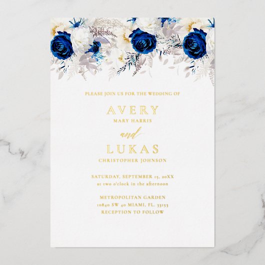 Invitation En Aluminium Véritable or moderne Royal Blue Flowers Mariage (Recto)