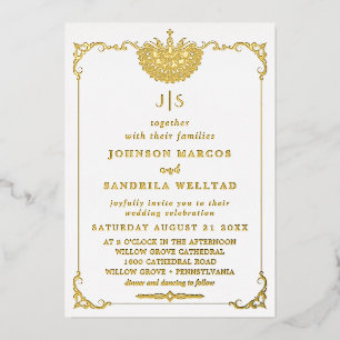 Invitation En Aluminium Véritable papier d'or élégant monogramme couronne