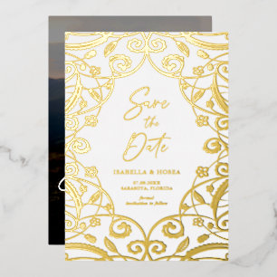 Invitation En Aluminium Véritable Photo de Mariage Floral en Dentelle d'Or