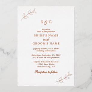 Invitation En Aluminium Véritable Rose Feuille or  Monogramme Mariage