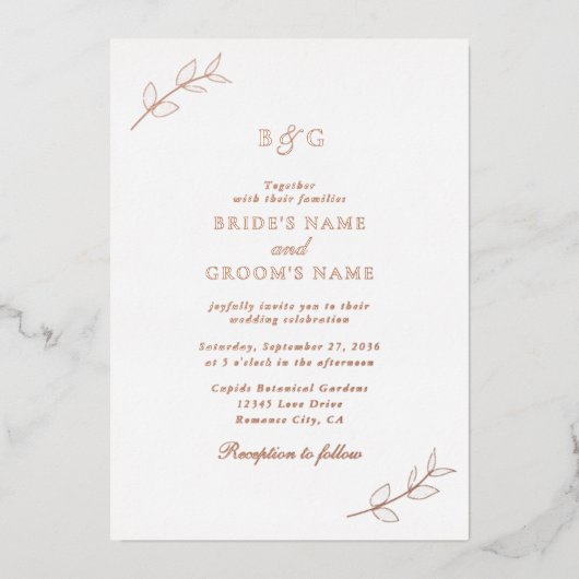 Invitation En Aluminium Véritable Rose Feuille or  Monogramme Mariage (Recto)