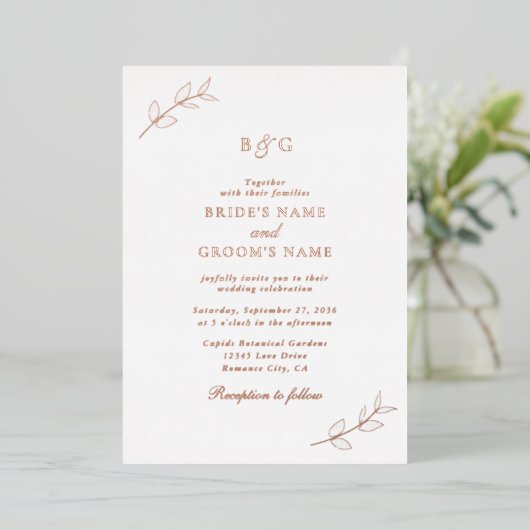 Invitation En Aluminium Véritable Rose Feuille or Monogramme Mariage (Debout devant)