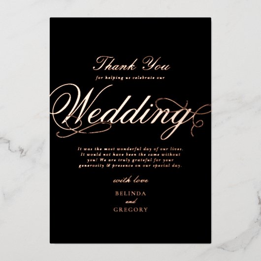 Invitation En Aluminium Véritable Rose Gold Foil Black Mariage Merci (Recto)