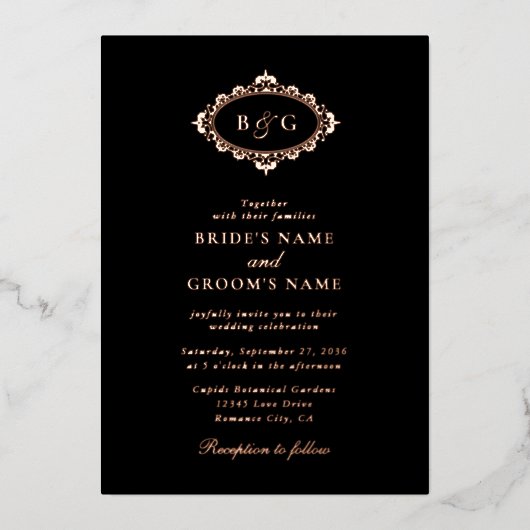 Invitation En Aluminium Véritable Rose Gold Foil Wreath Elegant Black Mari (Recto)