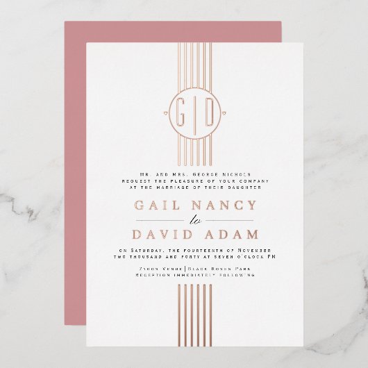 Invitation En Aluminium Véritables bandes de feuille d'or rose, monogramme (Recto/Verso)