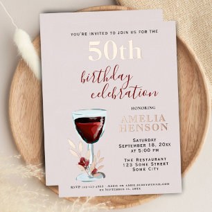 Invitation En Aluminium Verre à vin rouge rustique Rose botanique 50e anni